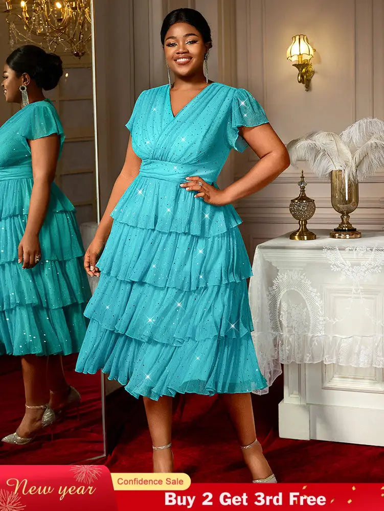 AOMEIDRESS LakeBlue Shiny Sequins A Line Cake Dress V Neck High Waist LakeBlue / S