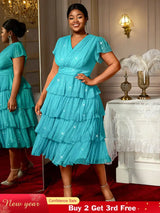 AOMEIDRESS LakeBlue Shiny Sequins A Line Cake Dress V Neck High Waist LakeBlue / S