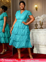 AOMEIDRESS LakeBlue Shiny Sequins A Line Cake Dress V Neck High Waist LakeBlue / S