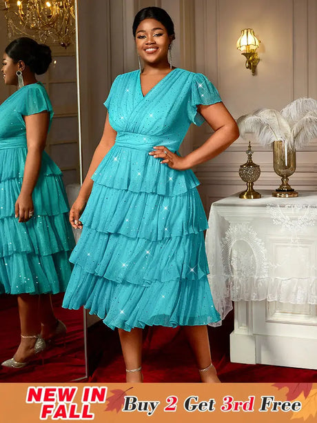 AOMEIDRESS LakeBlue Shiny Sequins A Line Cake Dress V Neck High Waist LakeBlue / S