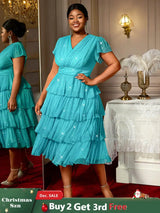 AOMEIDRESS LakeBlue Shiny Sequins A Line Cake Dress V Neck High Waist LakeBlue / S