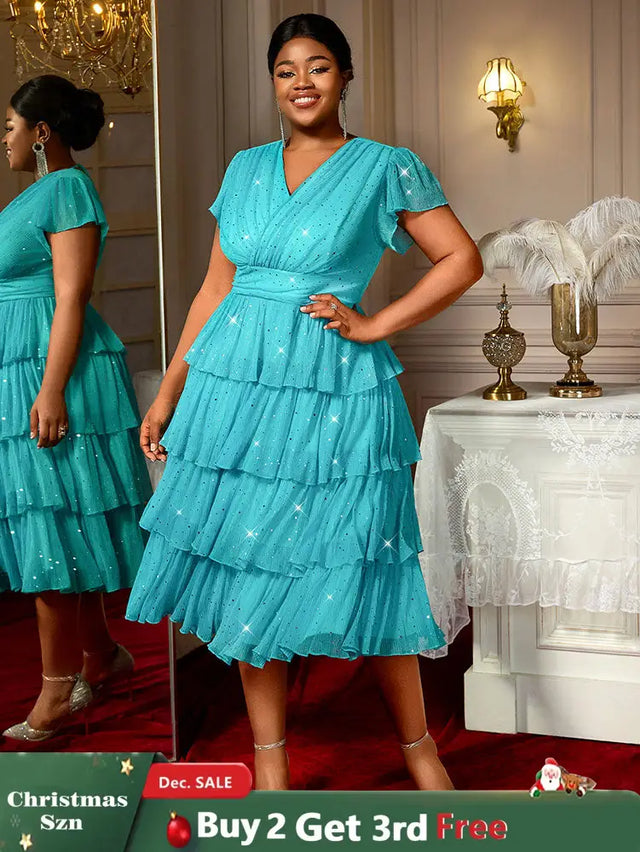 AOMEIDRESS LakeBlue Shiny Sequins A Line Cake Dress V Neck High Waist LakeBlue / S