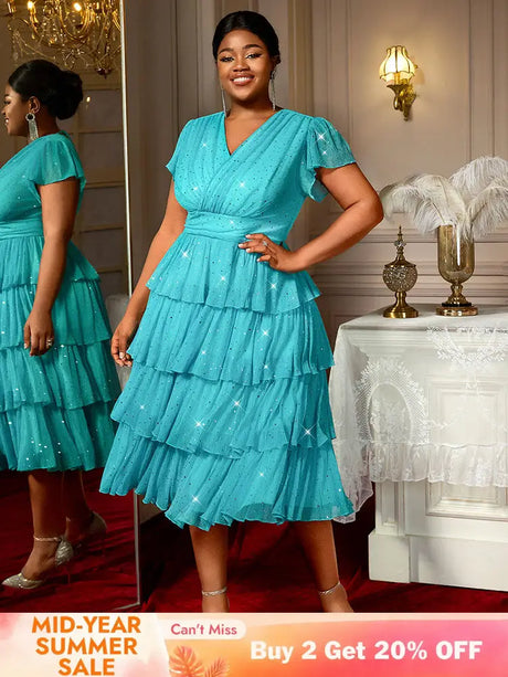 AOMEIDRESS LakeBlue Shiny Sequins A Line Cake Dress V Neck High Waist LakeBlue / S