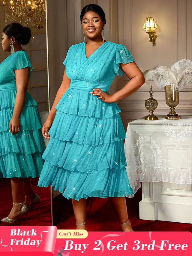 AOMEIDRESS LakeBlue Shiny Sequins A Line Cake Dress V Neck High Waist LakeBlue / S