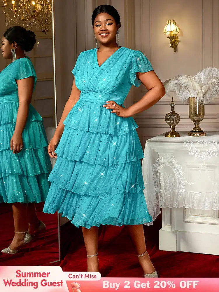 AOMEIDRESS LakeBlue Shiny Sequins A Line Cake Dress V Neck High Waist LakeBlue / S