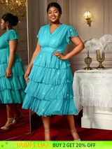 AOMEIDRESS LakeBlue Shiny Sequins A Line Cake Dress V Neck High Waist LakeBlue / S