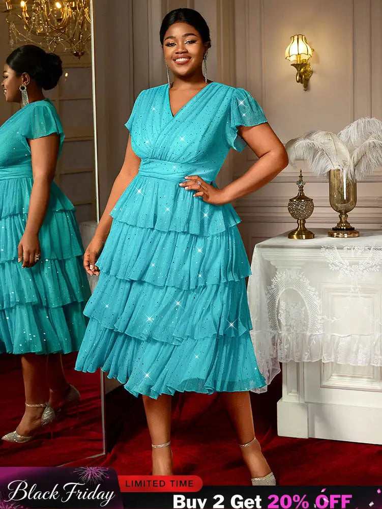 AOMEIDRESS LakeBlue Shiny Sequins A Line Cake Dress V Neck High Waist LakeBlue / S