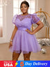 AOMEIDRESS Lavender Mini Dresses Gauze O Neck A Line Short Puff Sleeve