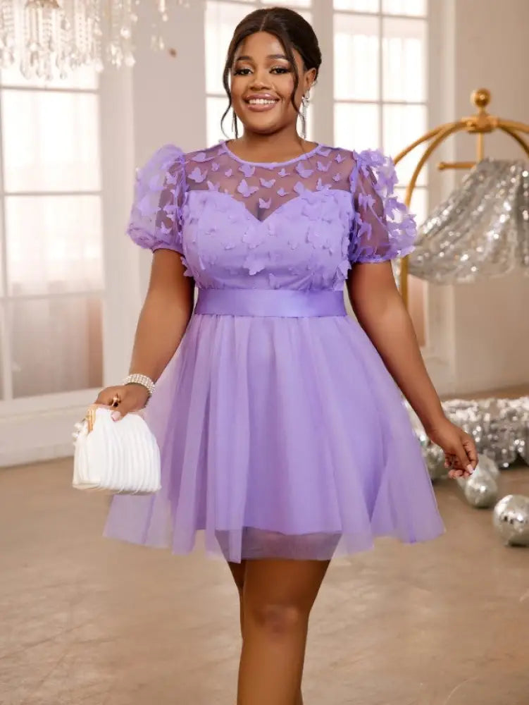 AOMEIDRESS Lavender Mini Dresses Gauze O Neck A Line Short Puff Sleeve Lavender / 1XL