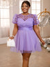 AOMEIDRESS Lavender Mini Dresses Gauze O Neck A Line Short Puff Sleeve Lavender / 1XL