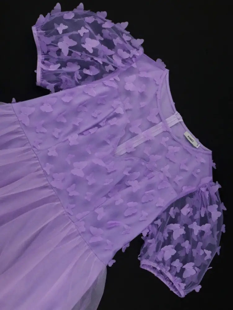 AOMEIDRESS Lavender Mini Dresses Gauze O Neck A Line Short Puff Sleeve