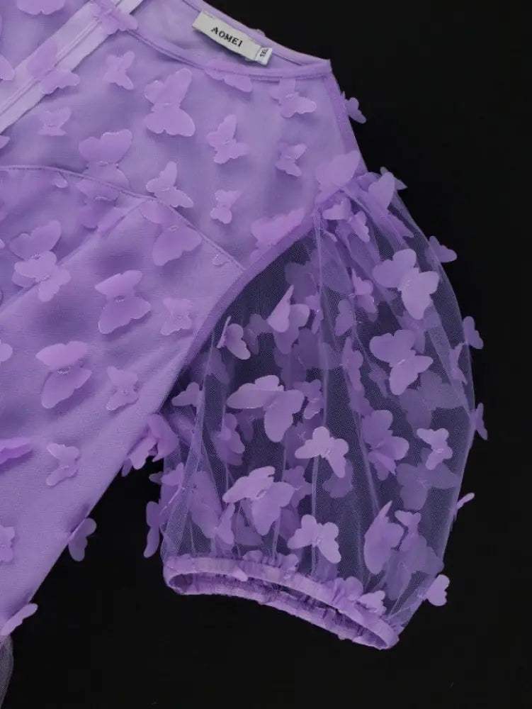 AOMEIDRESS Lavender Mini Dresses Gauze O Neck A Line Short Puff Sleeve