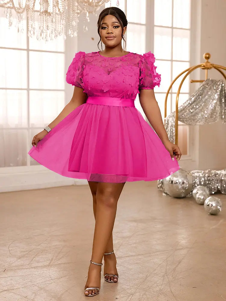 AOMEIDRESS Lavender Mini Dresses Gauze O Neck A Line Short Puff Sleeve Rose / 0XL