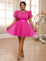 AOMEIDRESS Lavender Mini Dresses Gauze O Neck A Line Short Puff Sleeve Rose / 0XL