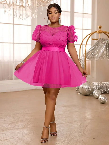 AOMEIDRESS Lavender Mini Dresses Gauze O Neck A Line Short Puff Sleeve Rose / 0XL