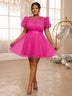 AOMEIDRESS Lavender Mini Dresses Gauze O Neck A Line Short Puff Sleeve Rose / 0XL