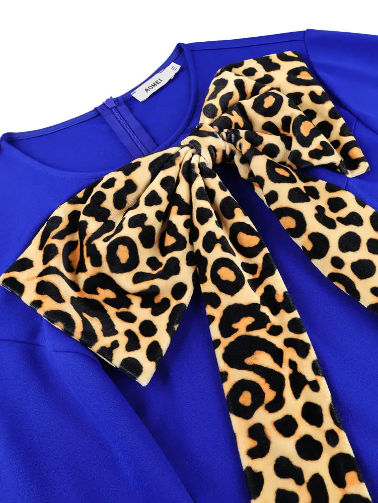 AOMEIDRESS Leopard Print Dress Long Flare Sleeve Velvet Bow Office
