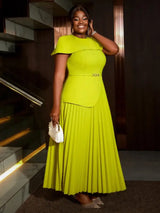 AOMEIDRESS Light Green A Line Dress O Neck Cape Sleeve Classy Pleated