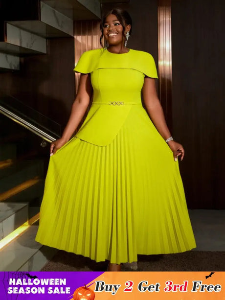 AOMEIDRESS Light Green A Line Dress O Neck Cape Sleeve Classy Pleated Green / S