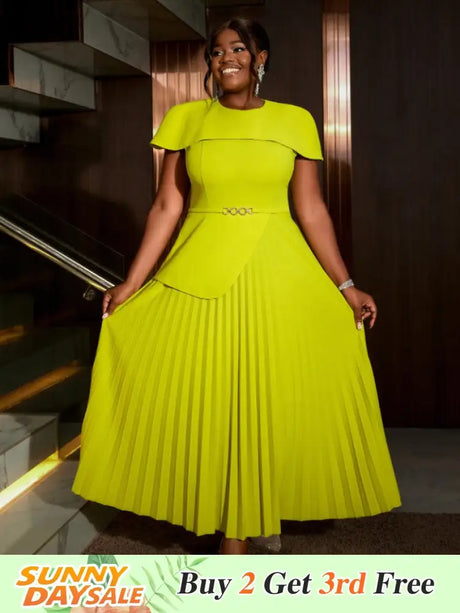 AOMEIDRESS Light Green A Line Dress O Neck Cape Sleeve Classy Pleated Green / S