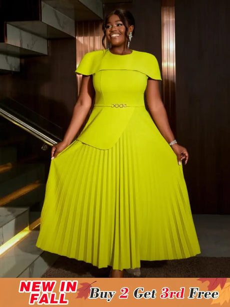 AOMEIDRESS Light Green A Line Dress O Neck Cape Sleeve Classy Pleated Green / S