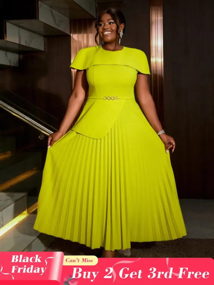 AOMEIDRESS Light Green A Line Dress O Neck Cape Sleeve Classy Pleated Green / S