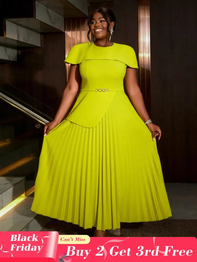 AOMEIDRESS Light Green A Line Dress O Neck Cape Sleeve Classy Pleated Green / S