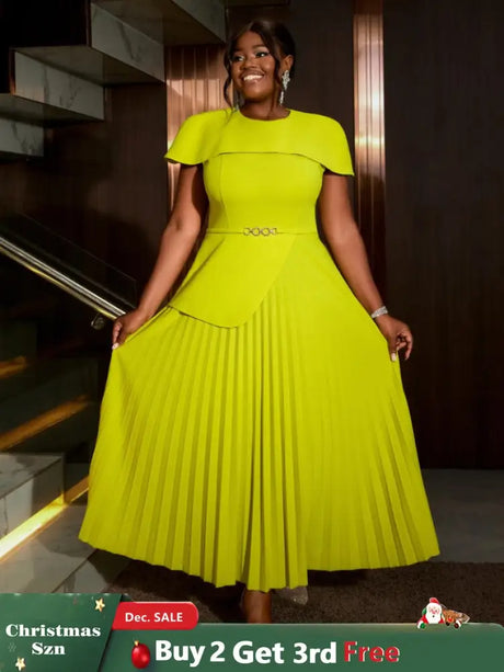 AOMEIDRESS Light Green A Line Dress O Neck Cape Sleeve Classy Pleated Green / S