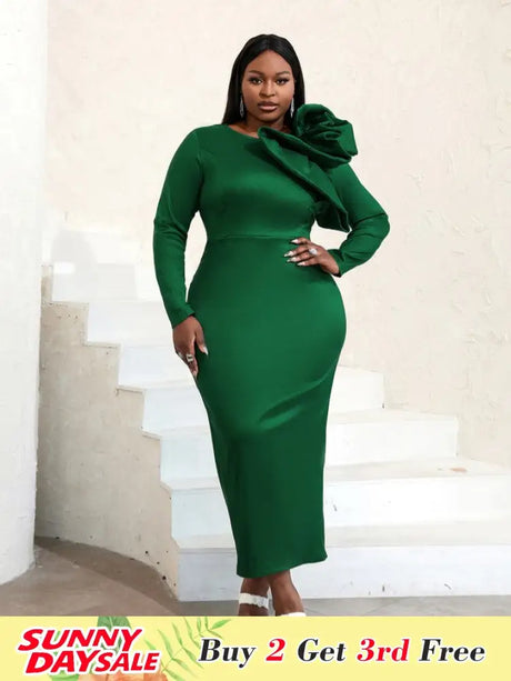 AOMEIDRESS Long Sleeve Ruffle Shiny Bodycon Dress Maxi Green / S