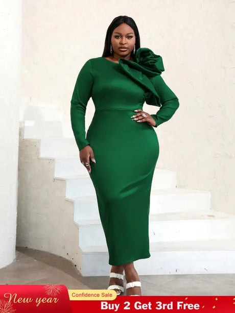 AOMEIDRESS Long Sleeve Ruffle Shiny Bodycon Dress Maxi Green / S