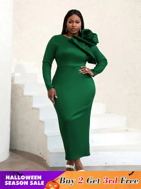 AOMEIDRESS Long Sleeve Ruffle Shiny Bodycon Dress Maxi Green / S