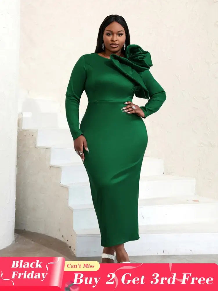 AOMEIDRESS Long Sleeve Ruffle Shiny Bodycon Dress Maxi Green / S