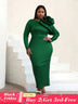 AOMEIDRESS Long Sleeve Ruffle Shiny Bodycon Dress Maxi Green / S