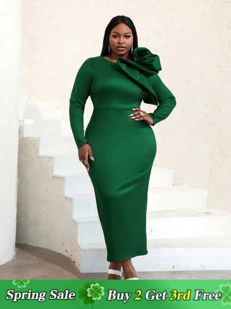 AOMEIDRESS Long Sleeve Ruffle Shiny Bodycon Dress Maxi Green / S