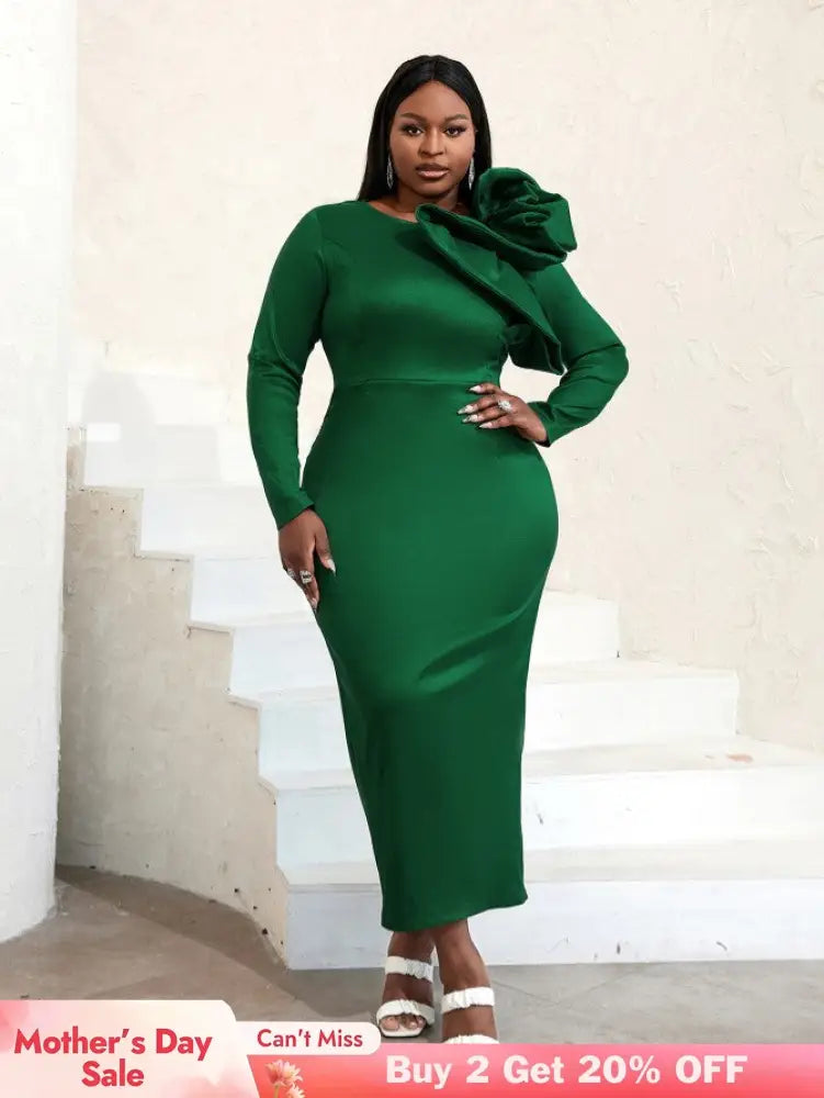 AOMEIDRESS Long Sleeve Ruffle Shiny Bodycon Dress Maxi Green / S