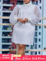 AOMEIDRESS Loose Dresses Turn Down Collar with Beading Elegant Ladies