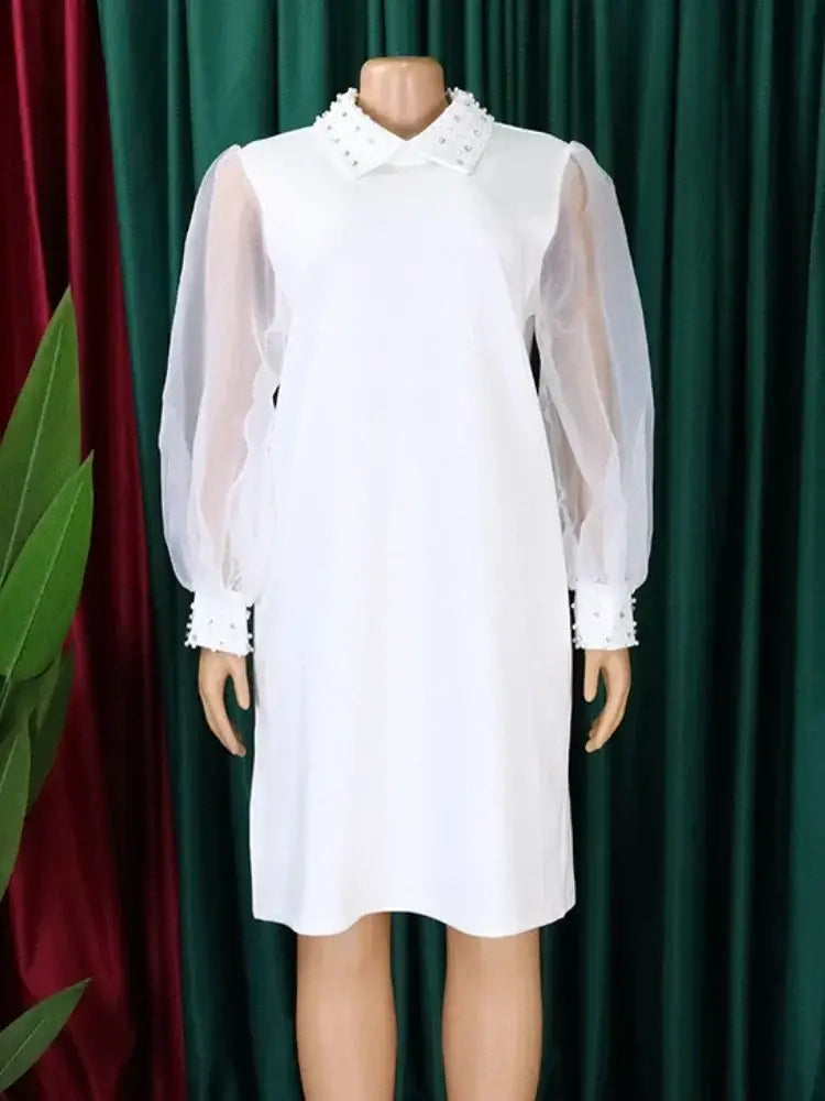 AOMEIDRESS Loose Dresses Turn Down Collar with Beading Elegant Ladies