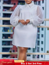 AOMEIDRESS Loose Dresses Turn Down Collar with Beading Elegant Ladies