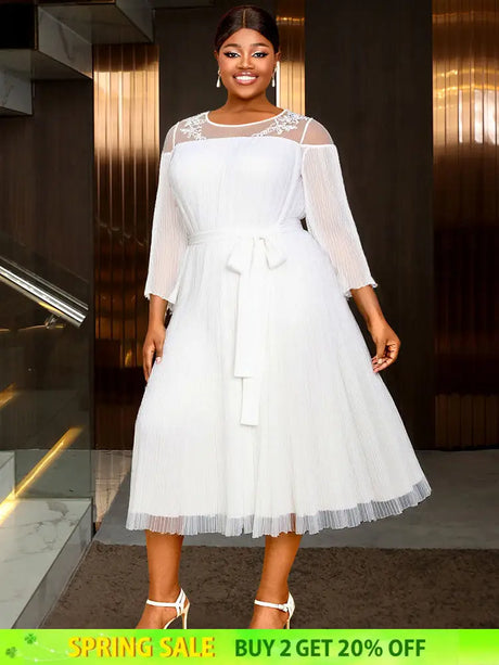 AOMEIDRESS Loose Pleated Chiffon Dress O Neck Lace Up Casual Clothing White / S