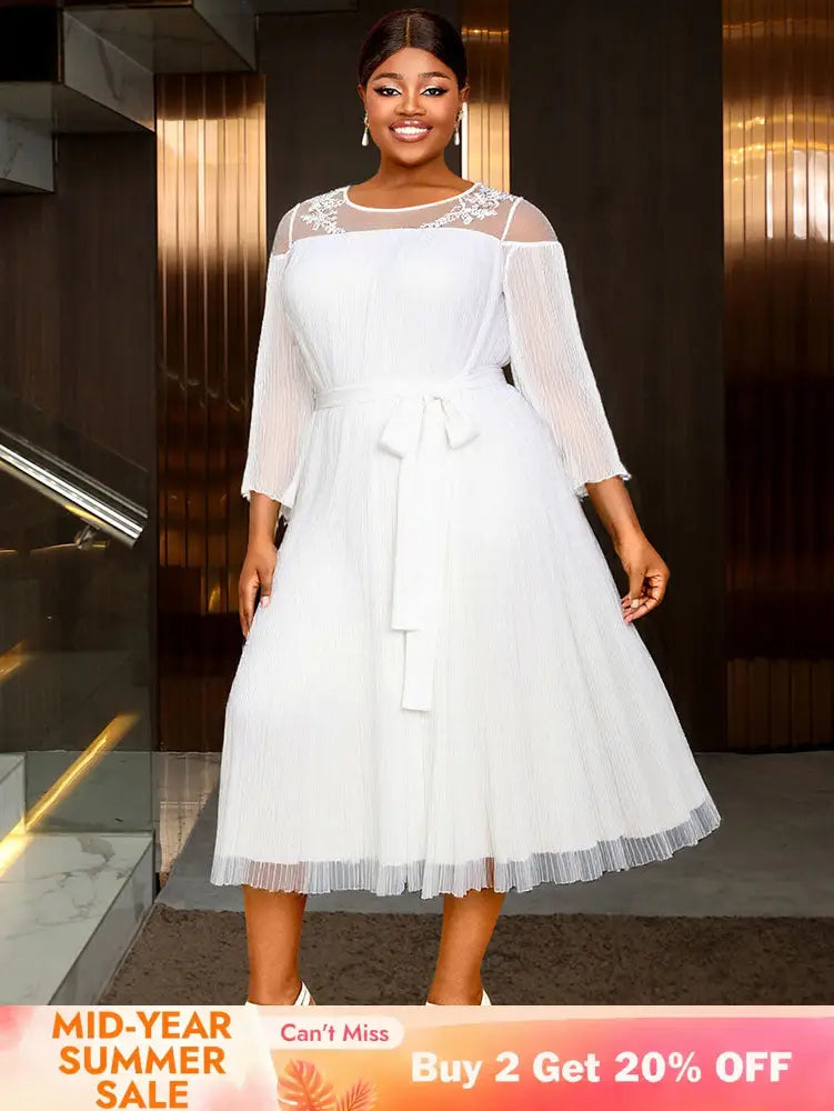 AOMEIDRESS Loose Pleated Chiffon Dress O Neck Lace Up Casual Clothing White / S