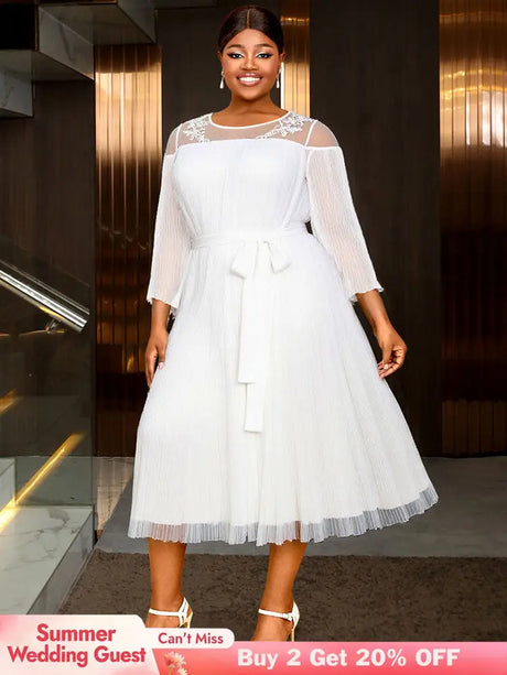 AOMEIDRESS Loose Pleated Chiffon Dress O Neck Lace Up Casual Clothing White / S
