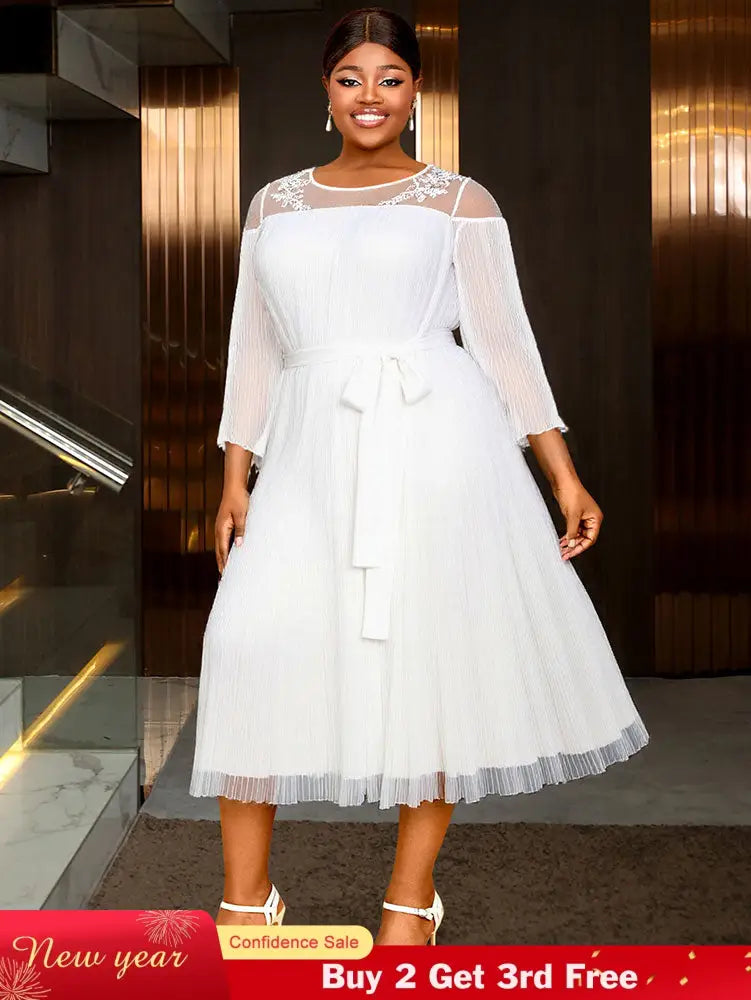 AOMEIDRESS Loose Pleated Chiffon Dress O Neck Lace Up Casual Clothing White / S