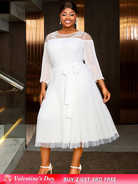 AOMEIDRESS Loose Pleated Chiffon Dress O Neck Lace Up Casual Clothing White / S