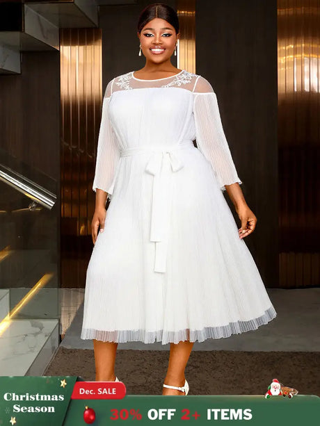 AOMEIDRESS Loose Pleated Chiffon Dress O Neck Lace Up Casual Clothing White / S