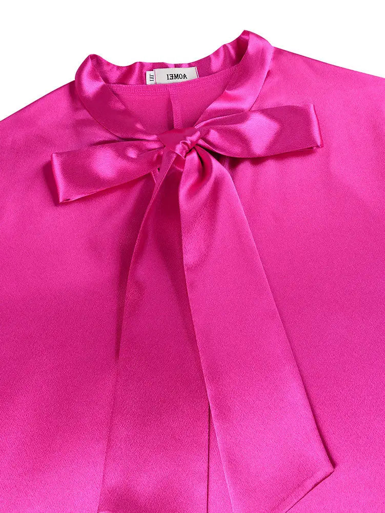 AOMEIDRESS Loose Shiny Satin A Line Dress Stand Collar Lace Up Bow