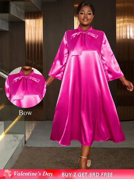 AOMEIDRESS Loose Shiny Satin A Line Dress Stand Collar Lace Up Bow Rose / L