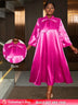 AOMEIDRESS Loose Shiny Satin A Line Dress Stand Collar Lace Up Bow Rose / L