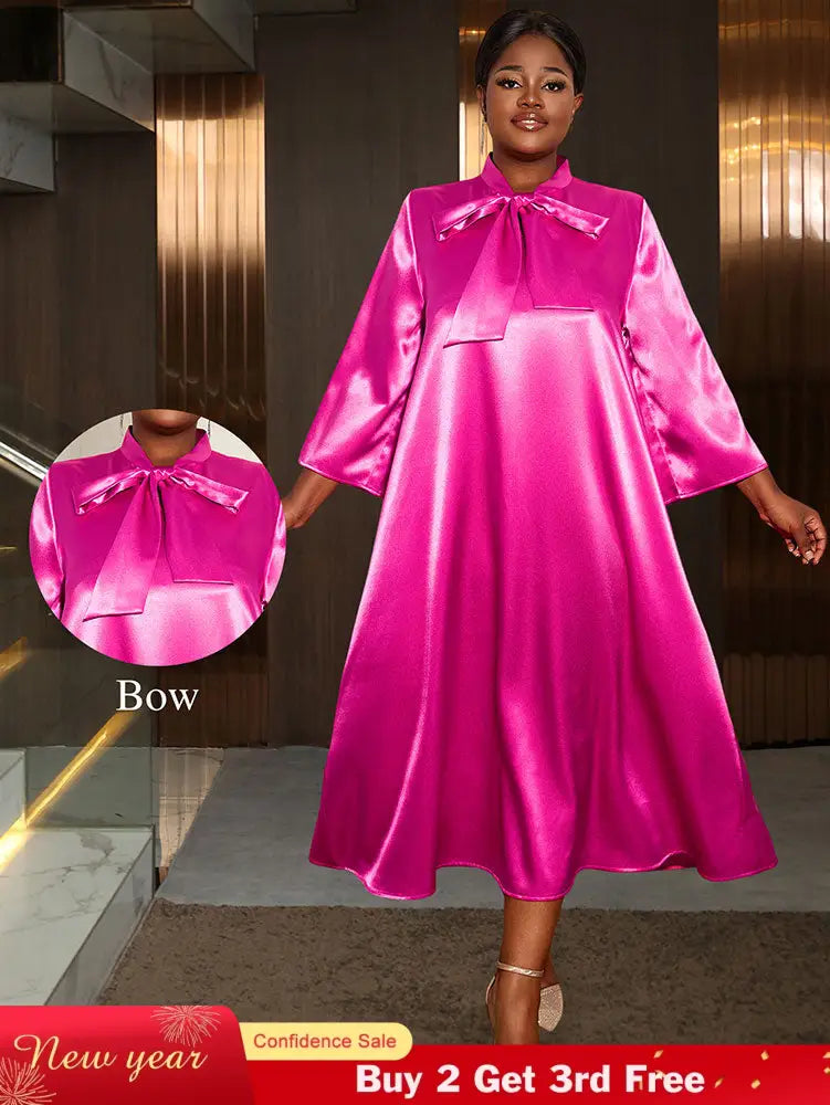 AOMEIDRESS Loose Shiny Satin A Line Dress Stand Collar Lace Up Bow Rose / L
