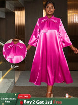 AOMEIDRESS Loose Shiny Satin A Line Dress Stand Collar Lace Up Bow Rose / L