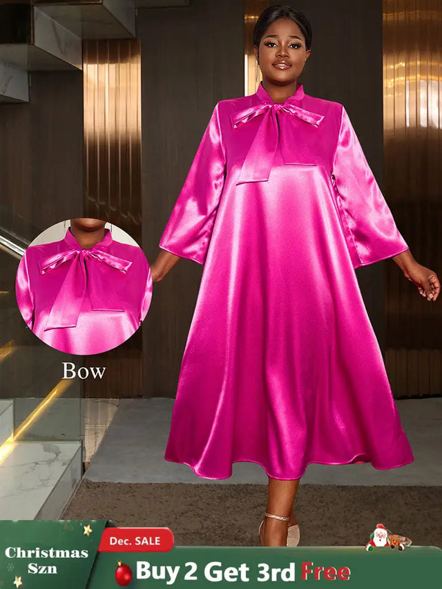 AOMEIDRESS Loose Shiny Satin A Line Dress Stand Collar Lace Up Bow Rose / L